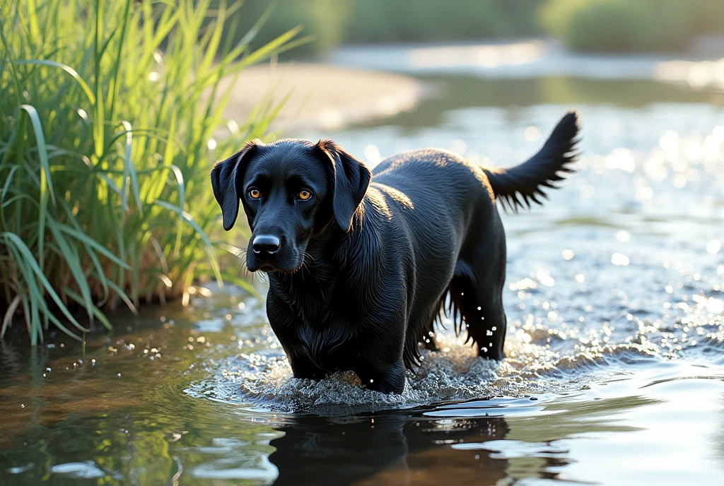 there is a black dog that is standing in the water, dog, at the waterside, black dog, a handsome, in a pond, in the water, a dog, river in front of him, the photo shows a large, bear, labrador, menacing!, playing with the water, emerging from the water, wet fur, handsome, nice face, pixar style character
