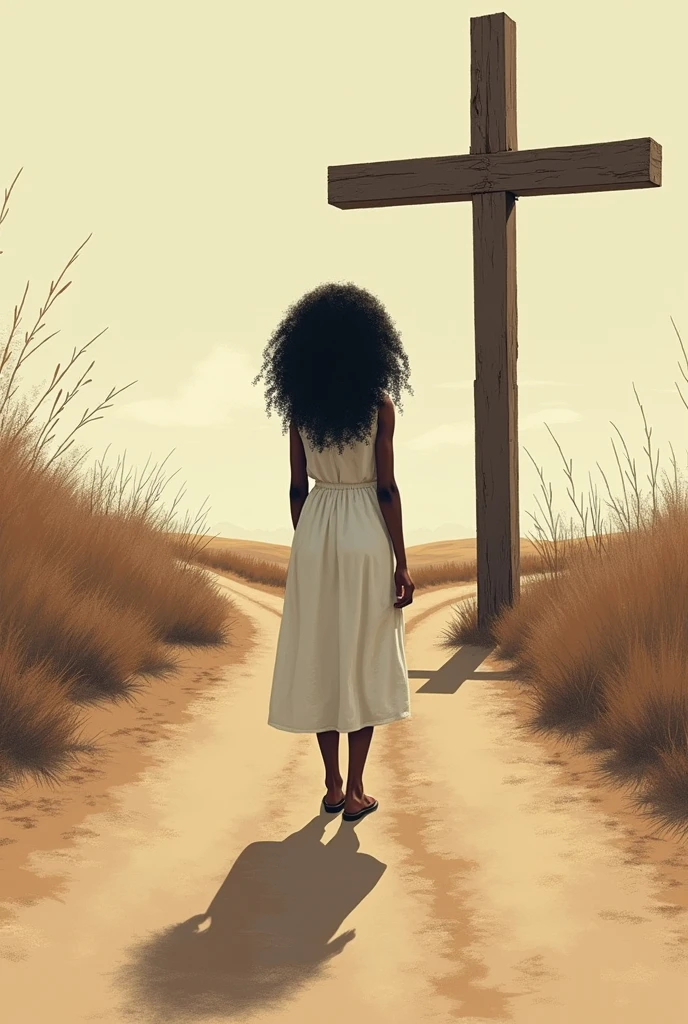
Title: "Timeline of Ponciá Vicencio: affection, Memory and Resistance"



I NEED IT TO BE JUST HER AT THE CROSSROADS IN THE MIDDLE IN PNG DRAWING BLACK WOMAN FROM THE BACK CURLY HAIR TYPE 4 LOOSE, LEAVE HER IN THE MIDDLE OF THE CROSS SHOW HER THE CROSS\RUZZY AND SHE&#39;S IN A WHITE DRESS FURTHER FROM THE SCREEN LEAVE IT IN EARTH TONES I don&#39;t want her to be so close to the screen, show more road
