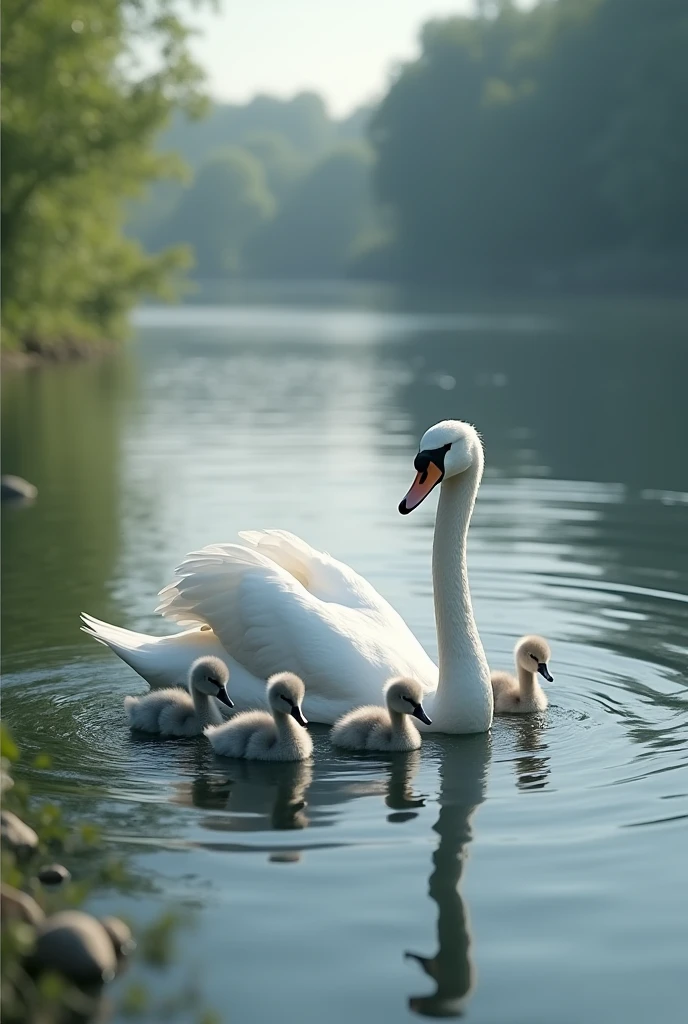 A white adult Swan in a big lake with her babies