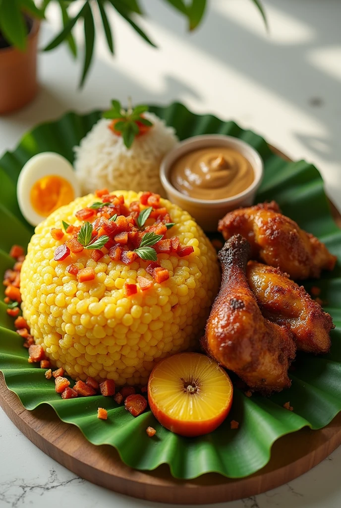 "Create an image of a manabita tonga, a traditional Ecuadorian dish, presented in an appetizing manner. Tonga should be served on a bed of green leaves rather than a conventional plate.. Showcase the Tonga with juicy Creole chicken, golden fried ripe, a rich peanut sauce, half a hard-boiled egg and a portion of rice. Be sure to capture the texture and vibrant colors of each component, with a focus on freshness and delicious appearance of food."