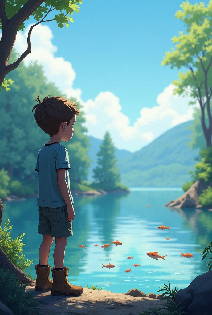  boy with light blue shirt, shorts and boots watching the fish swimming in a group in the lake






 



