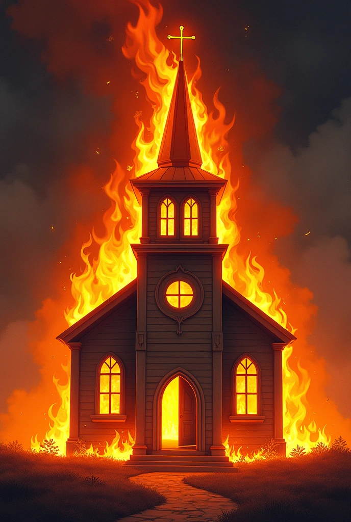 Create a digital artwork of a small church engulfed in flames, viewed from a slightly elevated angle, as if looking down at it from a 30-degree angle. The church has a traditional architectural style with a pointed steeple topped with a cross. The flames are intense and rising from the roof, especially around the steeple. The church's windows and doors are glowing with an orange light, reflecting the fire inside. The scene should be dramatic, with the flames contrasting against a dark background. The art style should be modern, blending realism with cartoonish elements to keep the imagery striking but not overly realistic.