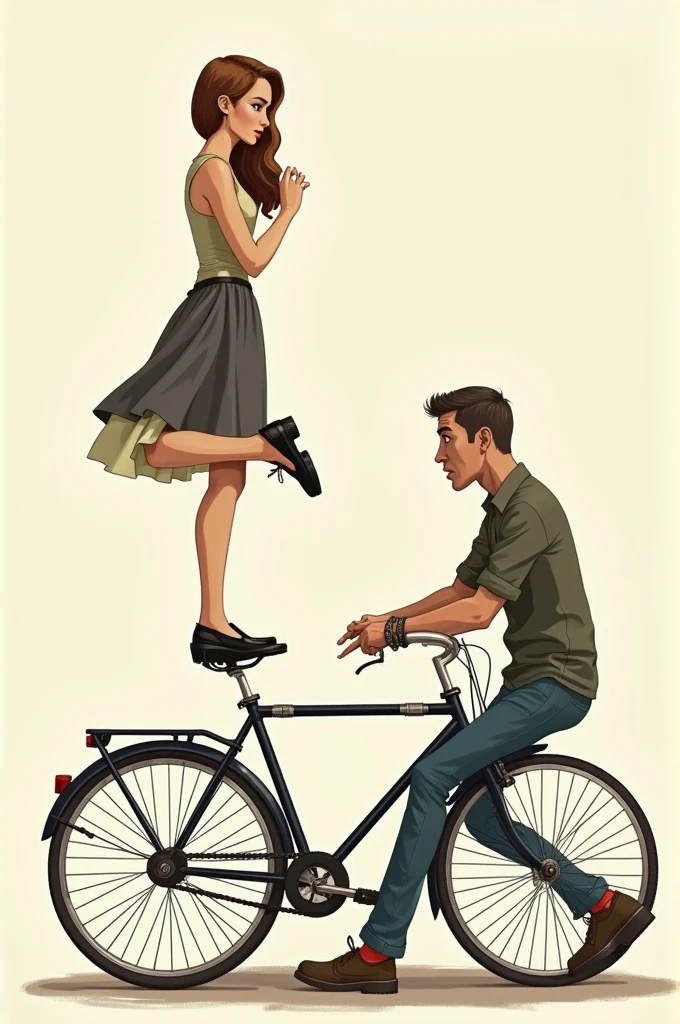 Wife Standing on the Rear Wheel: A woman is standing on the rear wheel of a bicycle, while the man is holding the handlebars, looking confused.