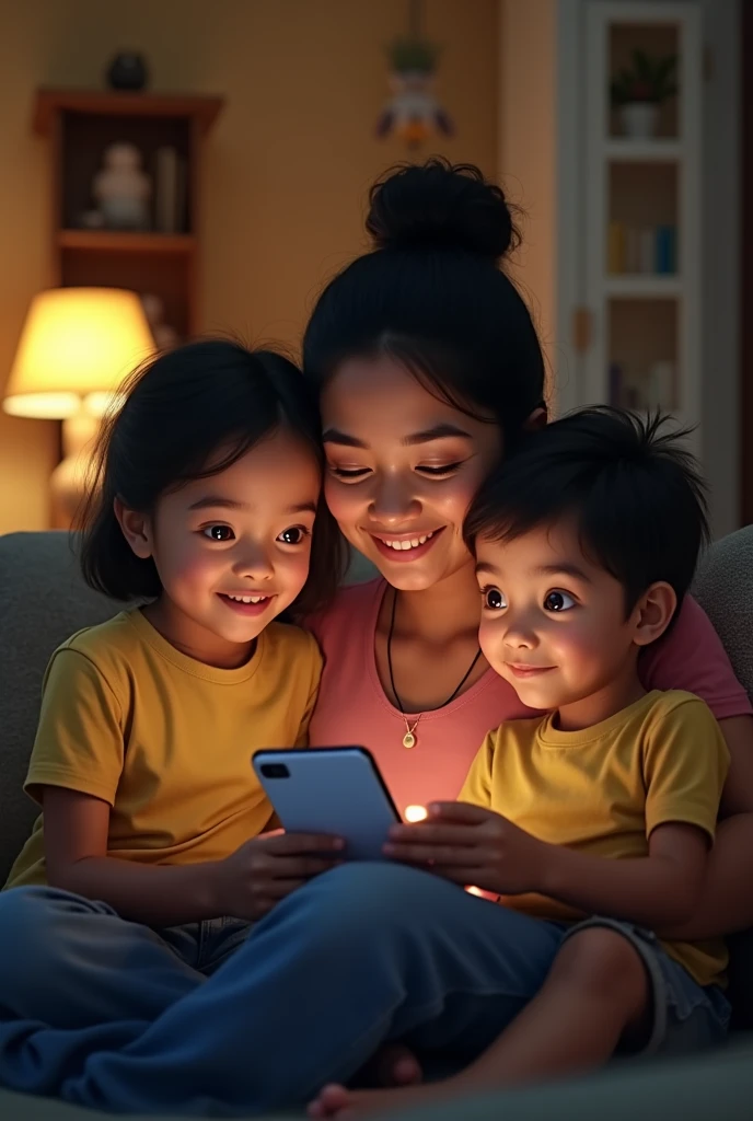 I would like an image of a mother of about 40 years old with two children of 8 and , all of Salvadoran origin, Latin American features, sitting in the living room of her house., A middle-class family talking on a video call via cell phone with their husband in the United States.