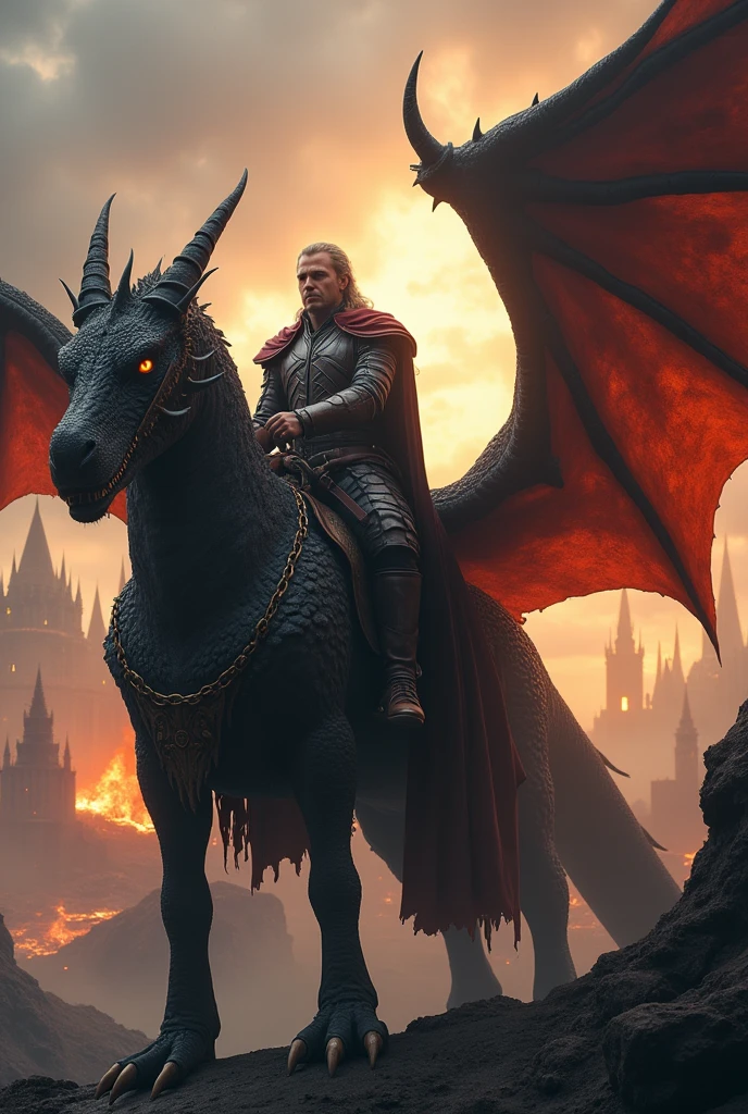 Generate an extravagan 4K photo of ancient Valyria with Aegon the conqueror and Balerion