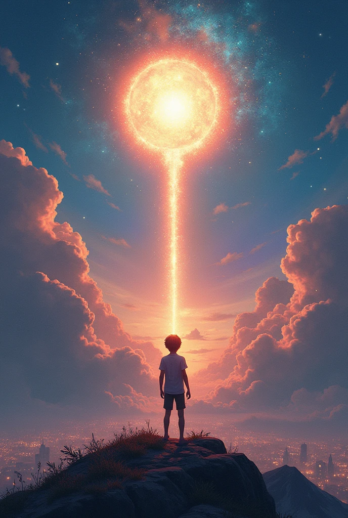As the sky ignited with celestial light, young Aiden stood in awe at the edge of the world. Below, the city shimmered like a sea of stars, each light a story, each path a mystery. The radiant orb above seemed to beckon, promising adventure and untold wonders. Aiden knew this was the beginning of his destiny, a journey illuminated by the brilliance of both the heavens and the city’s heartbeat.