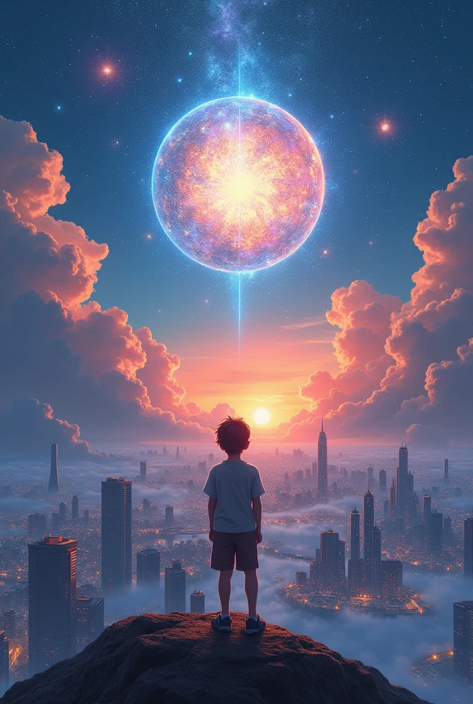 As the sky ignited with celestial light, young Aiden stood in awe at the edge of the world. Below, the city shimmered like a sea of stars, each light a story, each path a mystery. The radiant orb above seemed to beckon, promising adventure and untold wonders. Aiden knew this was the beginning of his destiny, a journey illuminated by the brilliance of both the heavens and the city’s heartbeat.