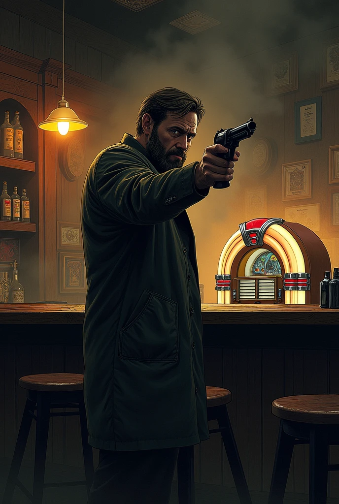 Man with gun in a bar with a jukebox, hand-drawn