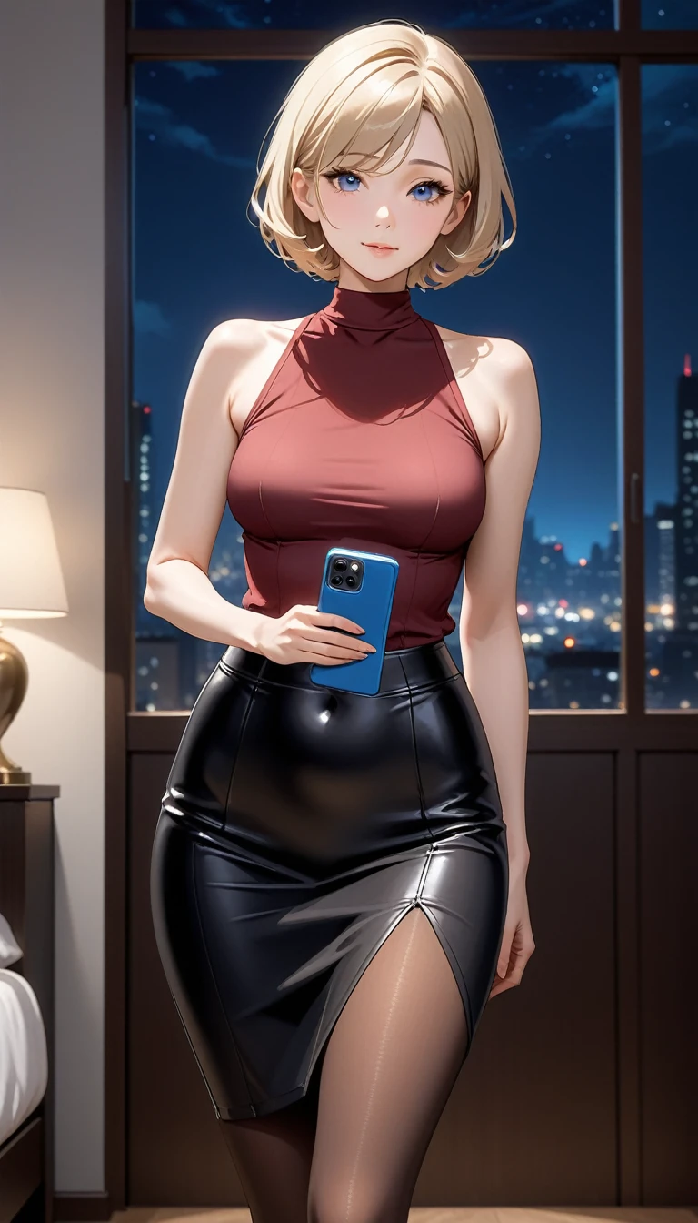 Beautiful 47y old woman with short undercut blonde hair with blue eyes wearing ((Tight Black Cirre Skirt)), ((Sexy Mock Neck Sleeveless Dark Red Blouse)), ((Sleeveless Black Suit)), ((Brown Pantyhose)), standing in her bedroom at night, holding her cellphone, (caucasian skin), (light brown lipstick), (elegant mascara), (slim body), (small breasts), (wide hips), midjourney, <lora:GoodHands-, <lora:GoodLegs-, UHD, high resolution, (masterpiece:1.9, best quality), (expressive eyes, perfect face, full body, expressive face, perfect body, perfect pussy, athletic, fit, slim body, blushing, Perfect makeup, eyeliner, beautiful eyelashes, smiling, horny face), ((best illumination, best shadows)), ((sexy pose)), score_9_up, score_8_up, score_7_up