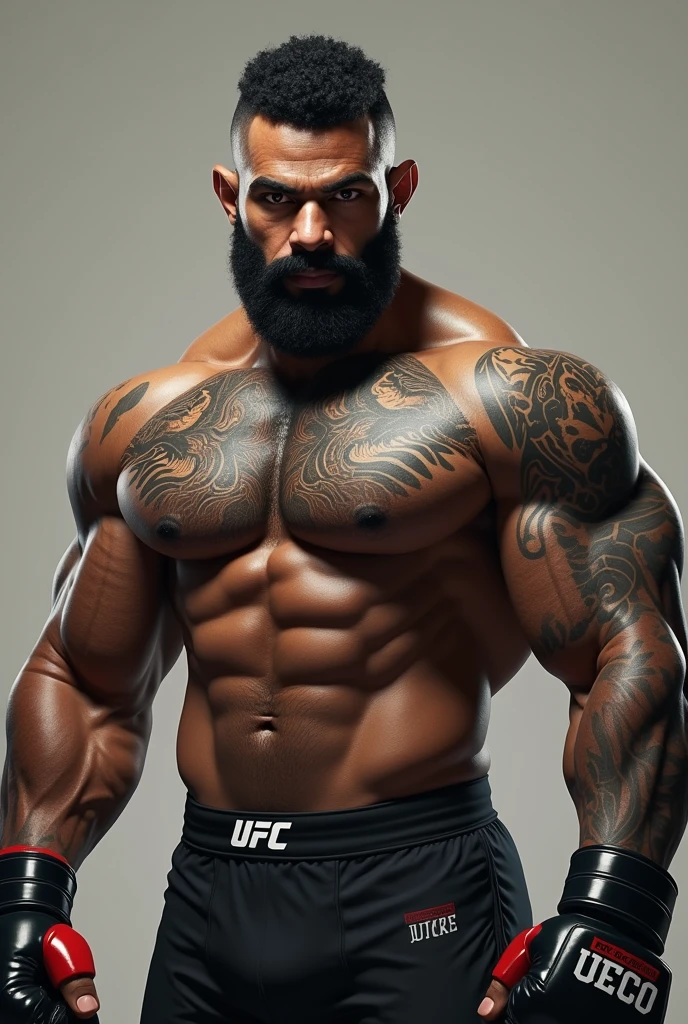 Tall black man MMA fighter has tattoos on stomach and arms he is very strong and has bright hazel eyes he has a beard with facial hair a d he standing in fighting stance.