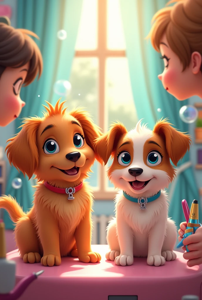 Make a picture of two dogs being groomed, in Disney cartoon 