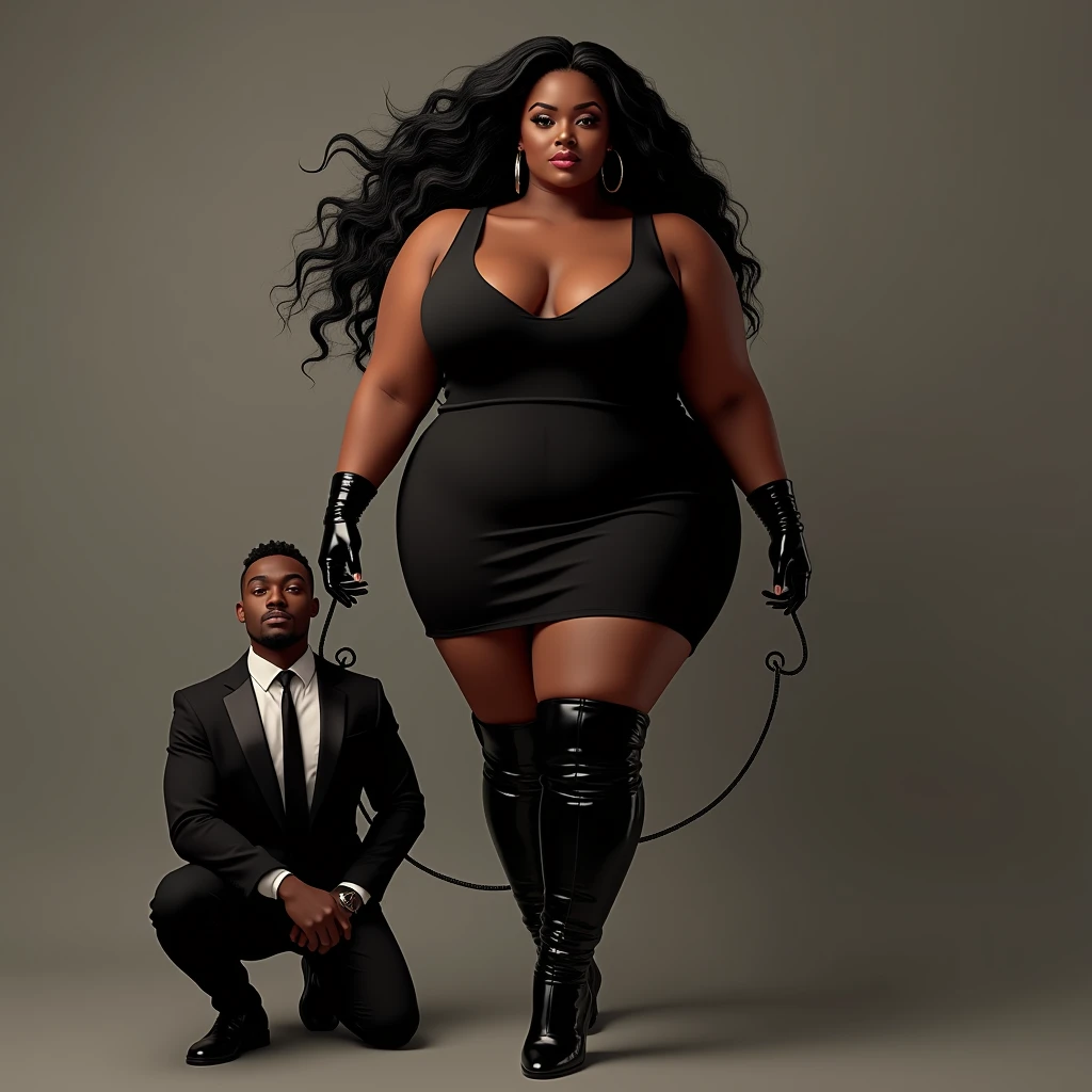 (photorealism:1.2) realistic
beautiful ebony plus size dark brown skinned tone melanin women, with long flowing black hair bbw plus size curvaeous woman radiating authority ,A woman in long heel boots, black dress and black gloves holding another kneeling white man in formal clothes on a leash,