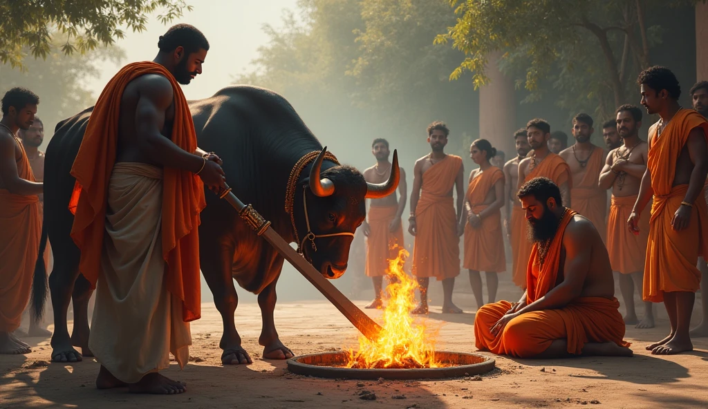 Brahmin man seating front of "agni kund" and some people holding a bull in front of them. One man holding a "big sward" for kill that bull. Generate image of sacrificial bull in hindu festival