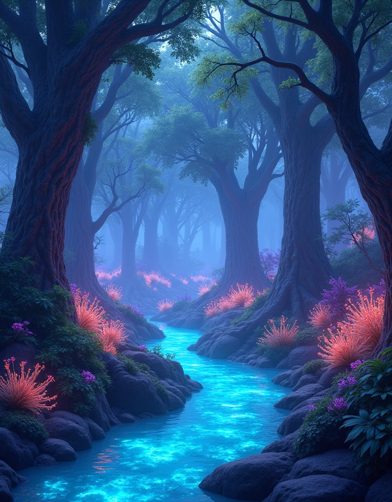 An enchanted bioluminescent forest on Nova Aeterna, where every plant and creature emits a soft, ethereal glow. The scene features a winding crystal-clear river reflecting the vibrant hues of the glowing flora—rich blues, purples, and greens. Trees with intricate, luminous bark tower overhead. Shot in ultra-high-definition, with ray-traced reflections, hyper-detailed textures, and advanced subsurface scattering for realistic lighting effects