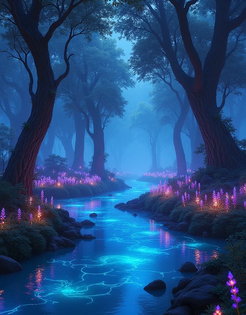 An enchanted bioluminescent forest on Nova Aeterna, where every plant and creature emits a soft, ethereal glow. The scene features a winding crystal-clear river reflecting the vibrant hues of the glowing flora—rich blues, purples, and greens. Trees with intricate, luminous bark tower overhead. Shot in ultra-high-definition, with ray-traced reflections, hyper-detailed textures, and advanced subsurface scattering for realistic lighting effects