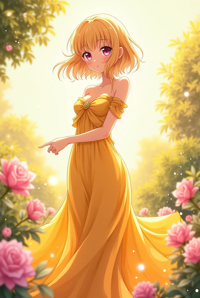 Anime art style, captivating wife character, radiant short blonde hair framing her face, playful pink eyes sparkling with life, wearing a stunning thigh-length dress in cheerful yellow, fabric intricately detailed with flowing lines and subtle textures creating depth, poised gracefully with one hand on her hip, soft blush on her cheeks enhancing her overall charm, background featuring a whimsical garden setting with blooming flowers in soft pastel colors, the warm golden light of late afternoon gently illuminating her figure, creating a dreamy, ethereal atmosphere that envelops the scene, central composition emphasizing the character's elegance and charisma, delicate outlines and vibrant color palette typical of anime art, dynamic poses conveying energy and emotion, harmonious blending of hues showcasing the rich visual appeal inherent in anime style, enhanced detailing in fabric folds and highlights portraying a sense of movement within the dress, inviting atmosphere reflecting warmth and positivity, meticulously crafted to evoke a feeling of enchantment and admiration.