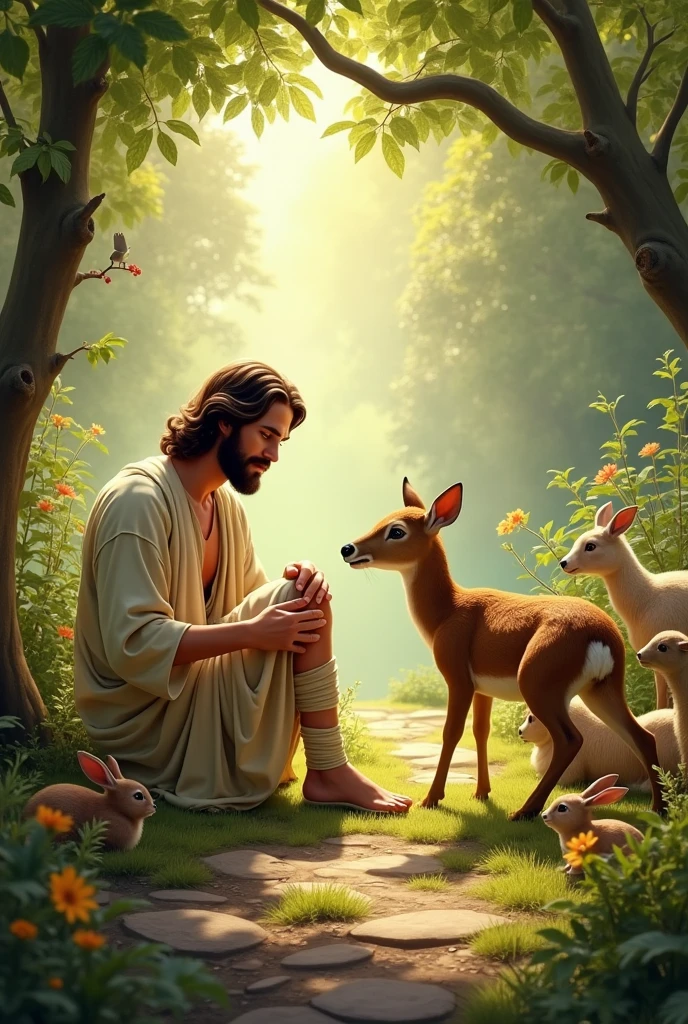 Jesus Caring for Animals in a Sanctuary: A compassionate and heartwarming scene of Jesus tending to animals in a lush sanctuary. He is kneeling beside a wounded deer, gently wrapping its leg with a cloth, while other animals like rabbits, birds, and sheep gather around him, drawn to his calm and healing presence. The sanctuary is filled with greenery and flowers, and the light filtering through the trees creates a soft, warm glow. The animals are
