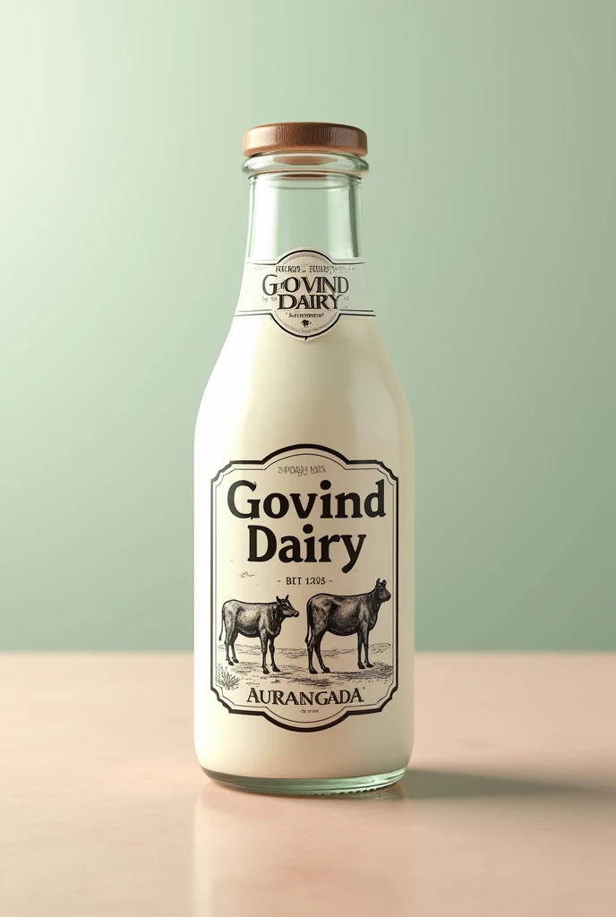 Create a image of glass milk bottle name as govind dairy and print some cow and some adress like Aurangabad 