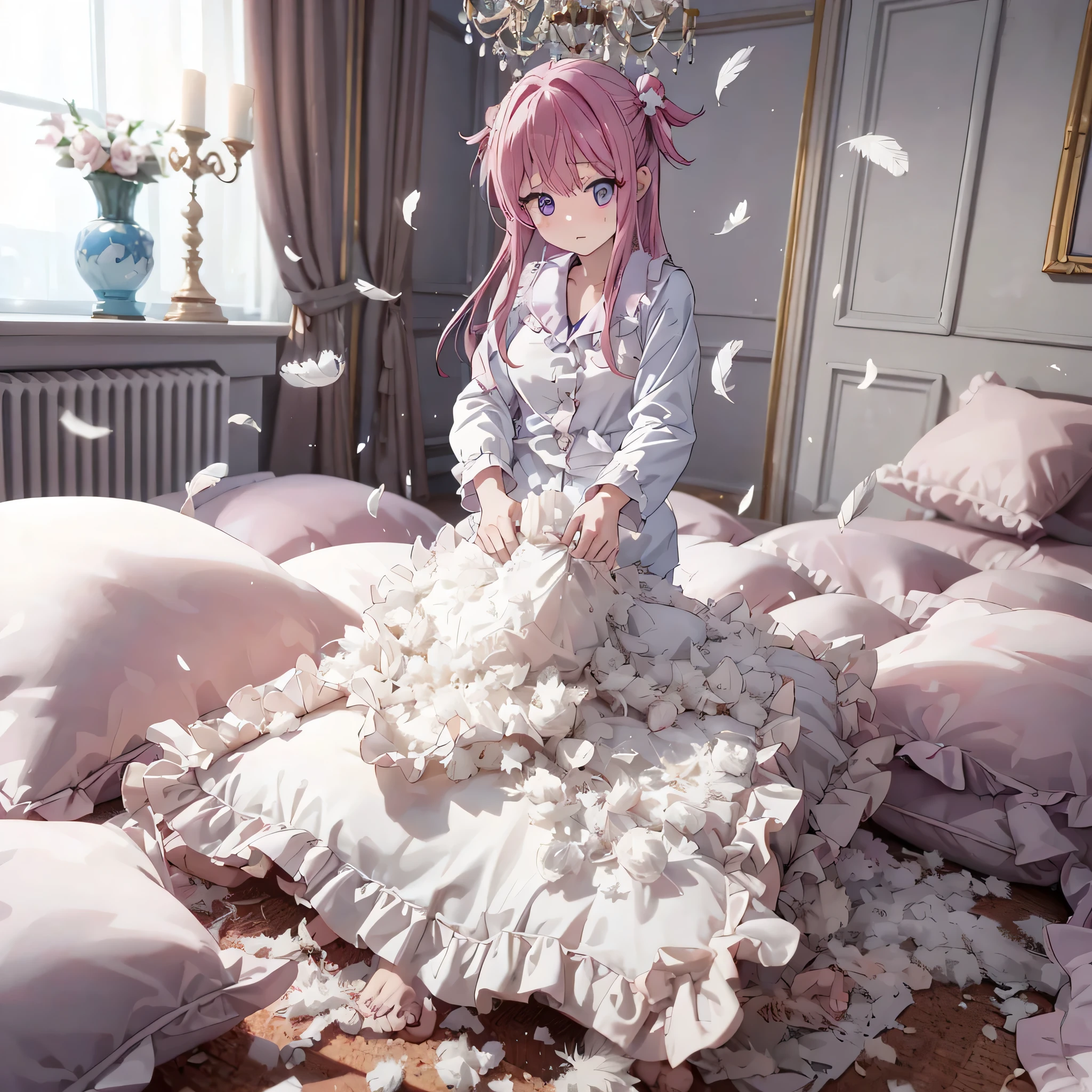 NSFW. a full-body with up perspective of an anime-style purple eyes, pink long hair female kids wearing a white pajama, standing and placing a giant, luxury pattern, frilled white pink polkadot cushion on the floor, tearing and ripping it with both hands until it's completely destroyed and then the stuffing of the cushion is taken and spread out using her hands too. After ruining it, the cushion should be ripping open with feathers and stuffing flying everywhere.The girl should have a ahegao and horny expression, focused on her task. The scene should show her in a luxury and cozy room with many giant, luxury pattern, frilled white pink polkadot square cushion around the floor, with the chaotic explosion of feathes around her, emphasizing the intense action.