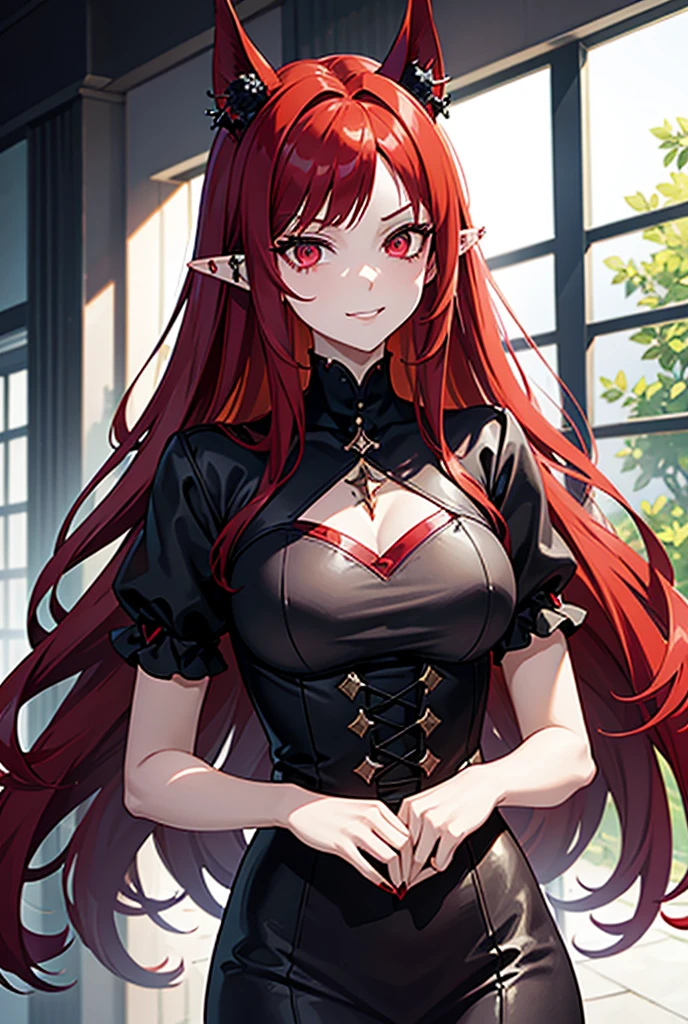 (Masterpiece, best quality), detailed, (medieval royal magic academy clothes, blouse, skirt), athletic, busty, demon, demon girl, detailed beautiful purple eyes, smile, happy expression, detailed face, pointy ears, red hair and white skin, braided ponytail, demon horns, full of details.