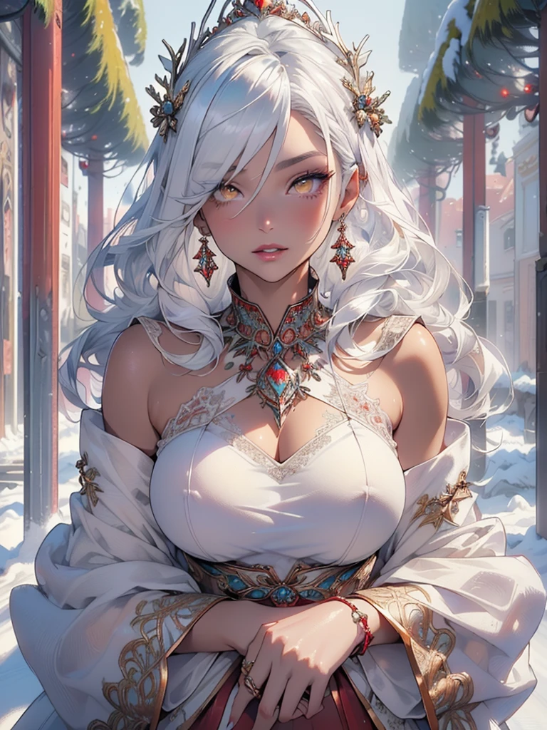 woman,1female,((milf,mom,mature,mature woman,4 female,adult)),(large breasts:1.5),saggy breasts,(((white hair:1.4,straight hair,long hair:1.4,colored inner hair))),((yellow_eyes:1.3)),intricate eyes,beautiful detailed eyes,symmetrical eyes,((((dark skin:1.4,lustrous skin:1.5,bright skin: 1.5,skin tanned,shiny skin,very shiny skin,shiny body,illuminated skin)))),(spider lower abdomen,narrow waist,wide hip,bimbo body,inflated legs,thick thighs,delicate detailed fingers),(((detailed face))),

cute,slutty,sensual,seductive look,seductive,((erotic)),opulent,sumptuous,longingly,((nsfw)),

queen,goddess,fantasy,(beautiful winter silver clothes,silver silk),((strapless red dress,very long red skirt,red dress)),(silver clothes),(((ice jewelry,intricate necklace,christmas jewelry,detailed outfit))),cleavage,silver silk,((eyeshadow,elegant makeup,eyelid makeup,gold lips,gold lipstick)),((Transparent cloth:1.1)), (((Sexy white fur coat, white fur coat outfit, wearing a white fur coat:1.3,winter white coat))),red gloves,(((intricate outfit,intricate clothes,embroidered outfit,ornate outfit,embroidered clothes,ornate clothes))),

(dynamic pose:1.0),embarrassed,(centered,scale to fit dimensions,Rule of thirds),

((snowy pine forest)),winter,scenery:1.25,((intricate scenery)),((snow forest background)),Christmas tree,

(Glossy winter ornaments),highres,sharp focus,(ultra detailed,extremely detailed),(photorealistic artwork:1.37),(extremely detailed CG unity 8k wallpaper),(((vibrant colors,vibrant theme))),(intricate),(masterpiece),(best quality),