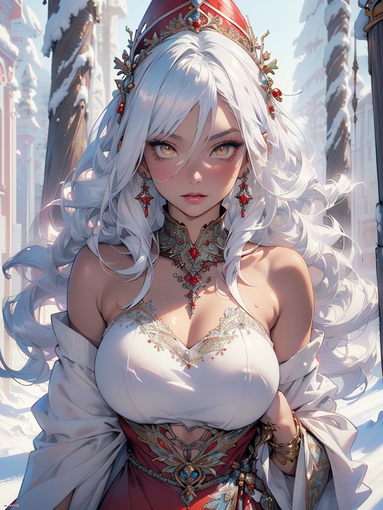 woman,1female,((milf,mom,mature,mature woman,4 female,adult)),(large breasts:1.5),saggy breasts,(((white hair:1.4,straight hair,long hair:1.4,colored inner hair))),((yellow_eyes:1.3)),intricate eyes,beautiful detailed eyes,symmetrical eyes,((((dark skin:1.4,lustrous skin:1.5,bright skin: 1.5,skin tanned,shiny skin,very shiny skin,shiny body,illuminated skin)))),(spider lower abdomen,narrow waist,wide hip,bimbo body,inflated legs,thick thighs,delicate detailed fingers),(((detailed face))),
cute,slutty,sensual,seductive look,seductive,((erotic)),opulent,sumptuous,longingly,((nsfw)),
queen,goddess,fantasy,(beautiful winter silver clothes,silver silk),((strapless red dress,very long red skirt,red dress)),(silver clothes),(((ice jewelry,intricate necklace,christmas jewelry,detailed outfit))),cleavage,silver silk,((eyeshadow,elegant makeup,eyelid makeup,gold lips,gold lipstick)),((Transparent cloth:1.1)), (((Sexy white fur coat, white fur coat outfit, wearing a white fur coat:1.3,winter white coat))),red gloves,(((intricate outfit,intricate clothes,embroidered outfit,ornate outfit,embroidered clothes,ornate clothes))),
(dynamic pose:1.0),embarrassed,(centered,scale to fit dimensions,Rule of thirds),
((snowy pine forest)),winter,scenery:1.25,((intricate scenery)),((snow forest background)),Christmas tree,
(Glossy winter ornaments),highres,sharp focus,(ultra detailed,extremely detailed),(photorealistic artwork:1.37),(extremely detailed CG unity 8k wallpaper),(((vibrant colors,vibrant theme))),(intricate),(masterpiece),(best quality),