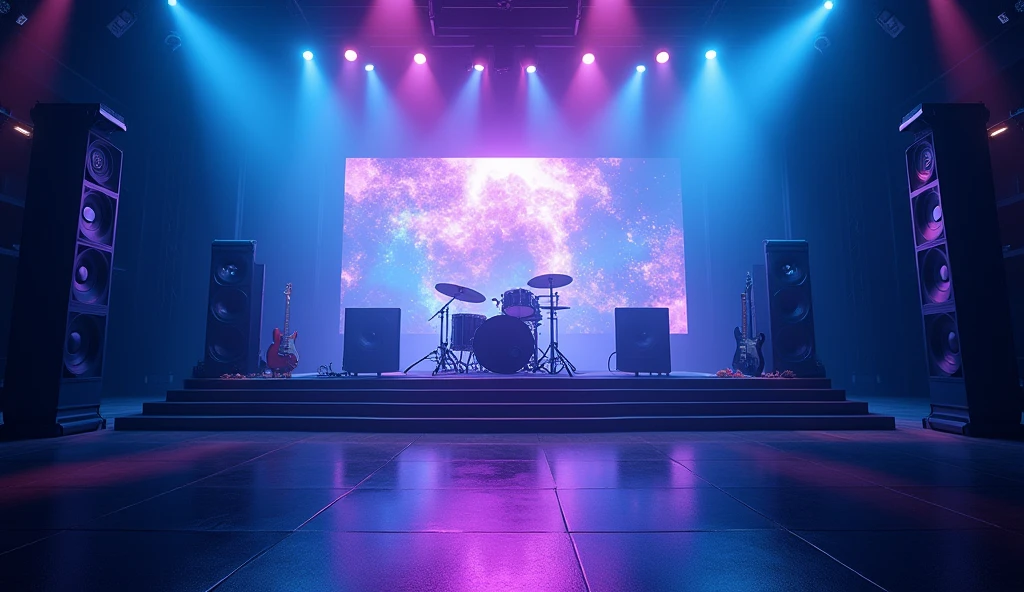 An empty music concert stage bathed in vibrant blue and purple lights, with towering speaker stacks on either side. The stage floor is shiny black, reflecting the glow of overhead lights. A set of instruments, including a drum kit and guitars, are positioned at the back, with a large LED screen in the background displaying abstract visuals.