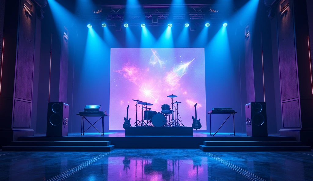 An empty music concert stage bathed in vibrant blue and purple lights, with towering speaker stacks on either side. The stage floor is shiny black, reflecting the glow of overhead lights. A set of instruments, including a drum kit and guitars, are positioned at the back, with a large LED screen in the background displaying abstract visuals.