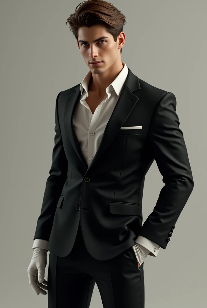 (photorealism) brown haired young man wearing a black suit standing sexually with an visible erection wearing a pair of white gloves