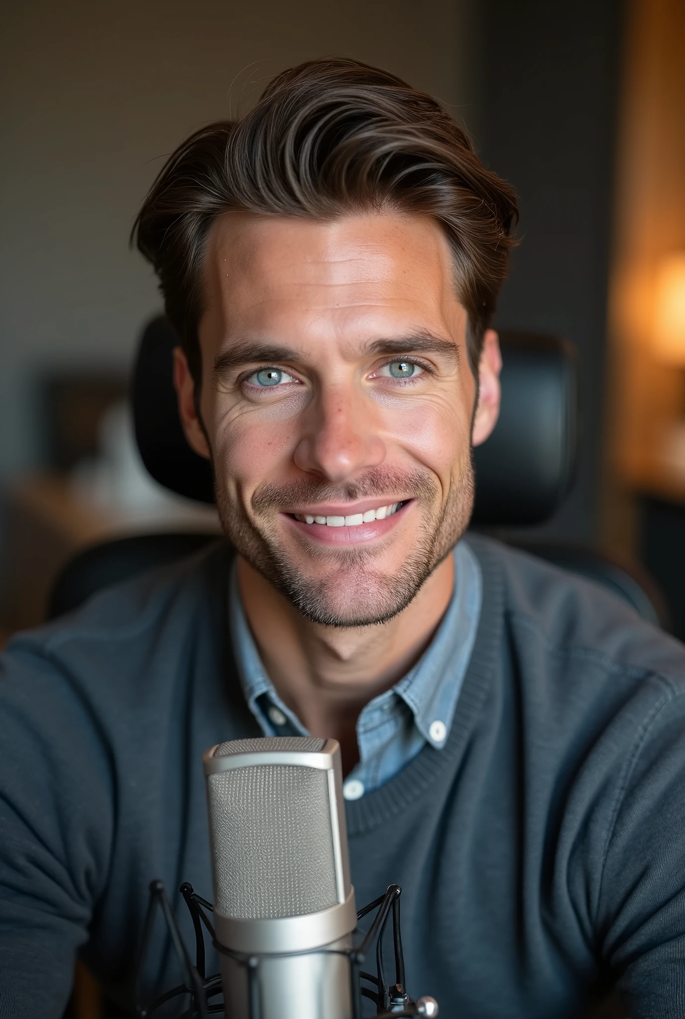 profile of handsome caucasian man in podcast