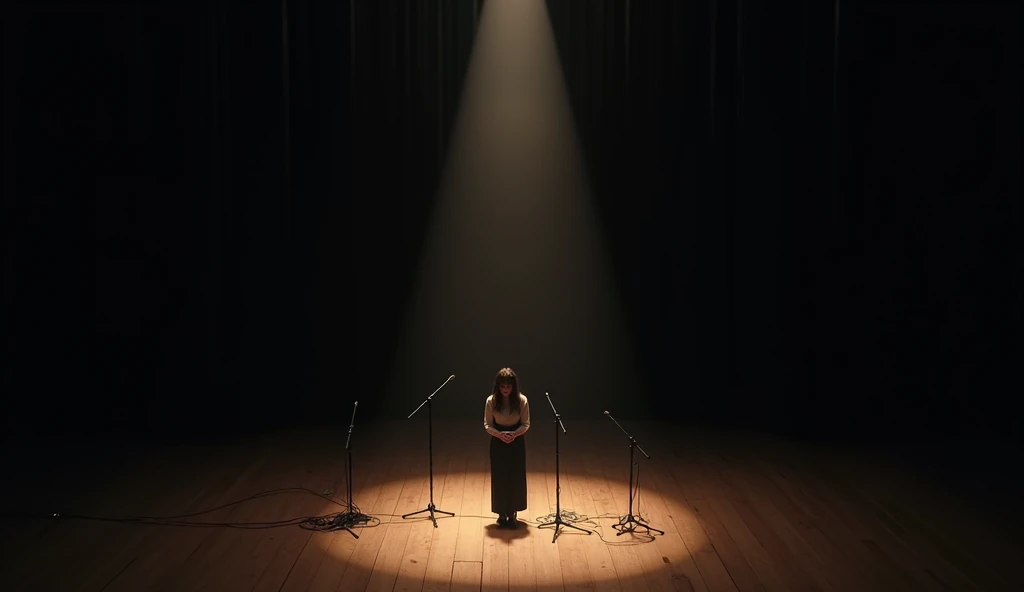A quiet music concert stage, illuminated by a single spotlight in the center. The stage is minimalist, with just a few microphones on stands and cables scattered across the wooden floor. The backdrop is a simple black curtain, with subtle lighting effects creating a soft halo around the edges.