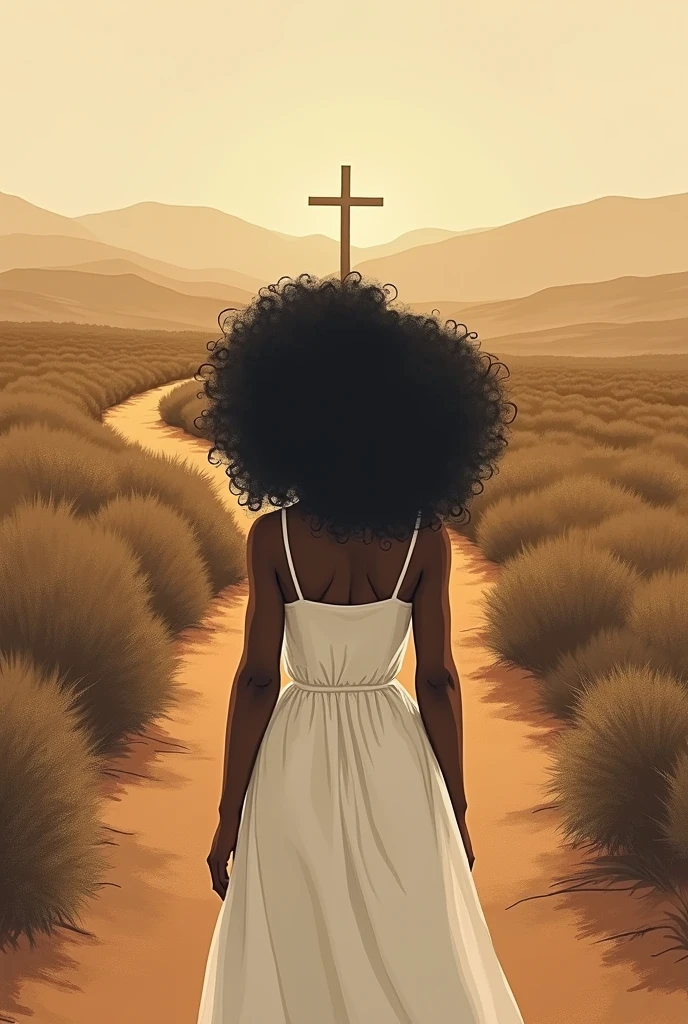 
Title: "Timeline of Ponciá Vicencio: affection, Memory and Resistance"



I NEED IT TO BE JUST HER AT THE CROSSROADS IN THE MIDDLE IN PNG DRAWING BLACK WOMAN FROM THE BACK CURLY HAIR TYPE 4 LOOSE, LEAVE HER IN THE MIDDLE OF THE CROSS SHOW HER THE CROSS\RUZZY AND SHE&#39;S IN A WHITE DRESS FURTHER FROM THE SCREEN LEAVE IT IN EARTH TONES I don&#39;t want her to be so close to the screen, show more perfect road, but I want it without the cross