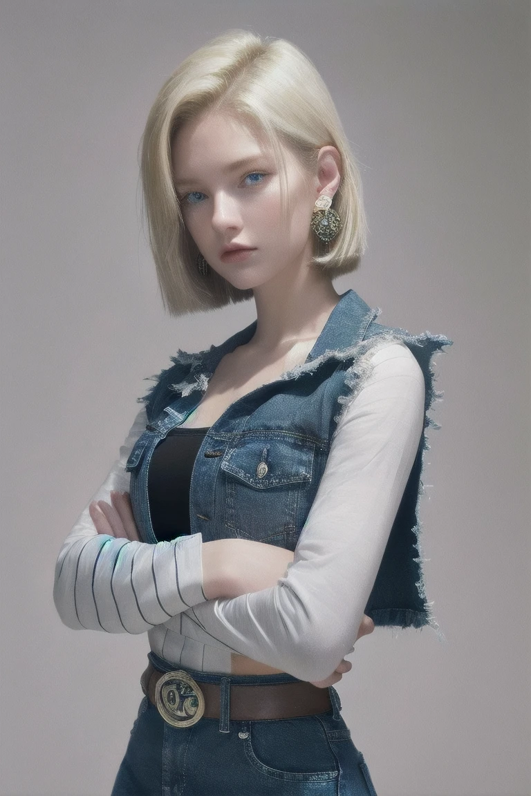 Realistic Android 18, Full Body, Blonde Hair, Blue Eyes, Eyelashes, Hoop Earrings, Short Hair, Earring, Black Sock, White Shirt with Black Stripes, Chest Pocket, Cleavage, Collarbone, Denim, Denim Skirt, Miniskirt high waist, detailed legs, jewelry, long sleeves, pocket, shirt, tucked in shirt, skirt, striped, striped sleeves, vest, correct hands, detailed high volume legs.