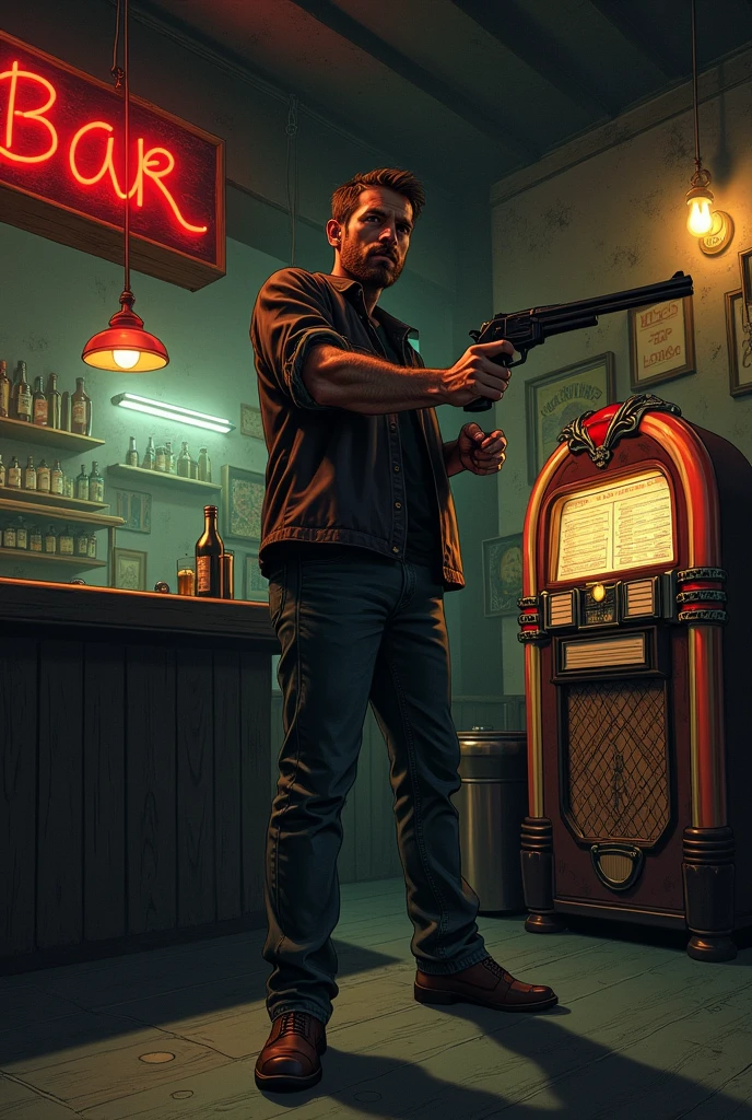 Man with gun in a bar with a jukebox hand drawn