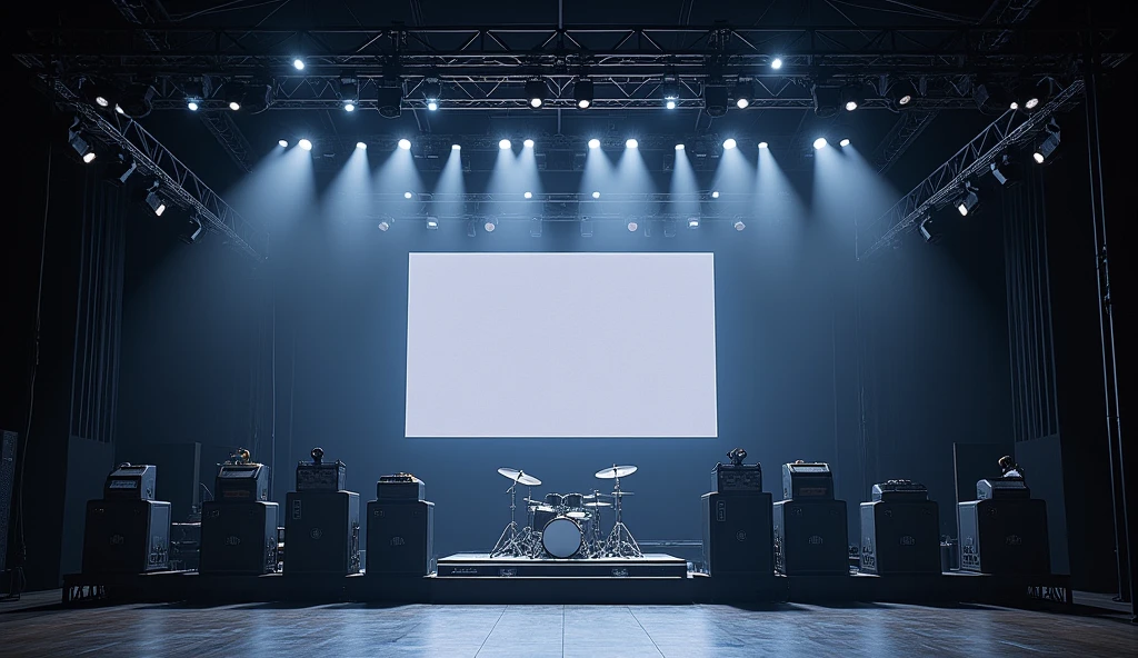 An expansive music concert stage during soundcheck, with scattered lighting that casts long shadows. The stage features large, towering trusses with spotlights, a row of amplifiers, and a drum riser at the back. The background is a wide LED screen displaying a test pattern, with no audience or performers in sight.
