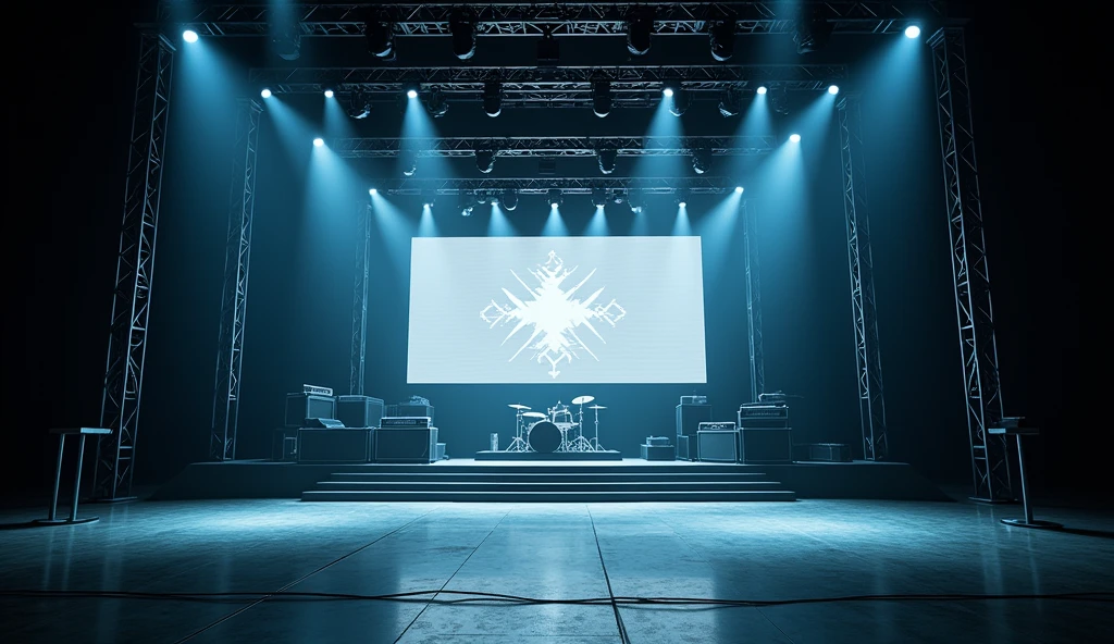 An expansive music concert stage during soundcheck, with scattered lighting that casts long shadows. The stage features large, towering trusses with spotlights, a row of amplifiers, and a drum riser at the back. The background is a wide LED screen displaying a test pattern, with no audience or performers in sight.
