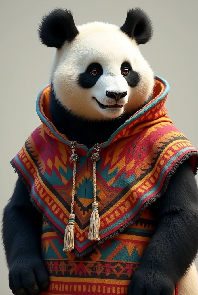 Draw a semi realistic panda, to wear a colorful poncho, I want him to have a determined and pleasant look and smile. Let it be a native poncho. Don't let the whole body come out.