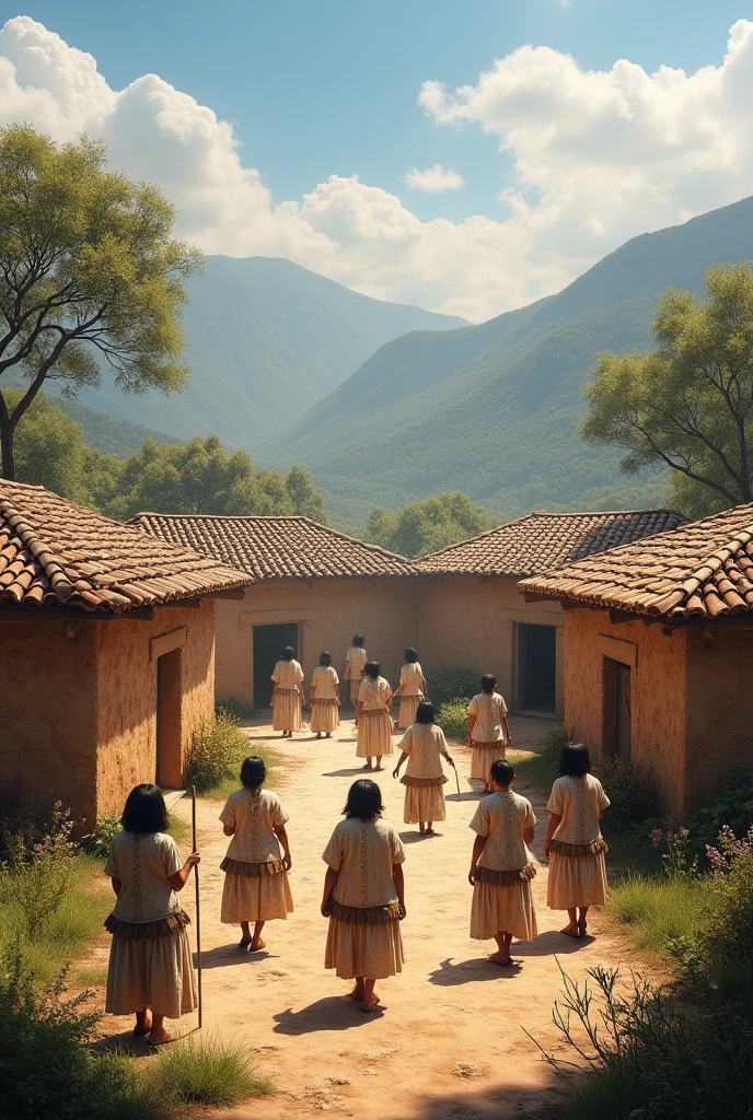 Please generate a landscape of the municipality of Arcabuco Boyacá as it was in pre-Columbian times, muisca chibcha culture, mountains, adobe huts,clay tile roofs, people with white and beige peasant ruana