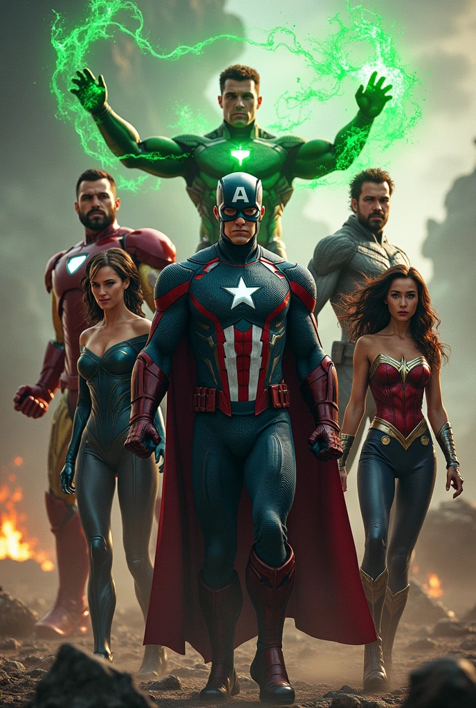 Generate a superhero team with Iron Man, Captain America, Spiderman, Black Widow, a blond 1 Green Lantern, Black Panther and Wonder Woman