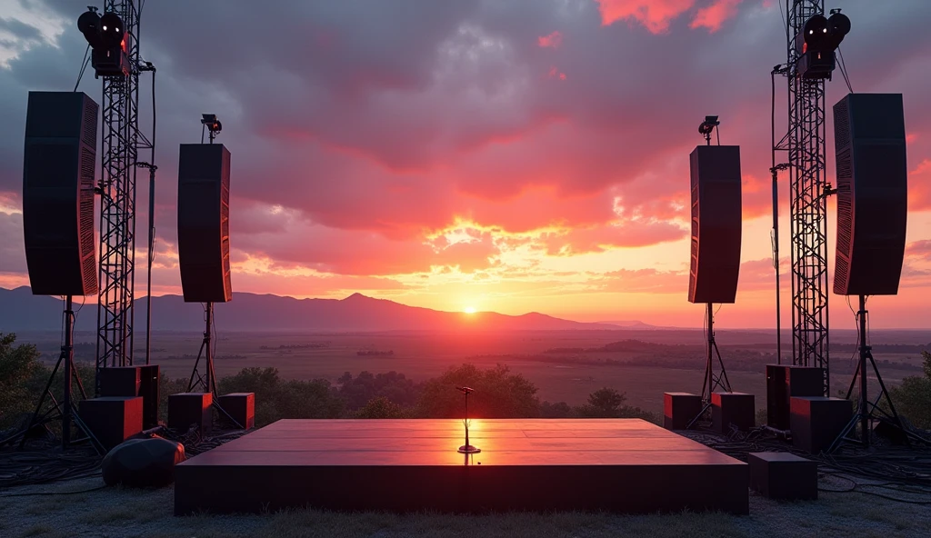 A music concert stage at dusk, with the sun setting in the background. The stage is set outdoors, surrounded by massive sound towers and light rigs. The floor is covered in black carpet, with a few microphone stands and guitar pedals in place. The background is an open field with distant mountains.