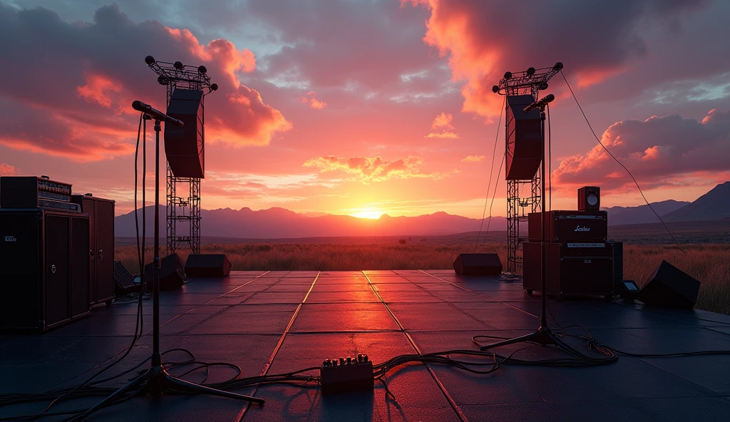 A music concert stage at dusk, with the sun setting in the background. The stage is set outdoors, surrounded by massive sound towers and light rigs. The floor is covered in black carpet, with a few microphone stands and guitar pedals in place. The background is an open field with distant mountains.
