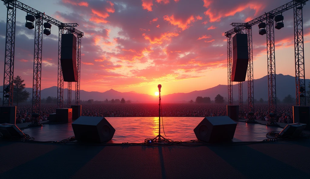 A music concert stage at dusk, with the sun setting in the background. The stage is set outdoors, surrounded by massive sound towers and light rigs. The floor is covered in black carpet, with a few microphone stands and guitar pedals in place. The background is an open field with distant mountains.