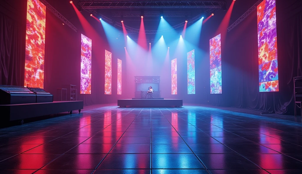 An empty music concert stage indoors, surrounded by towering LED panels and spotlights that create a dramatic, shadow-filled environment. The stage is wide, with a glossy black floor reflecting the colorful lights. The background features a large mixing console and cables leading offstage, giving a behind-the-scenes vibe.
