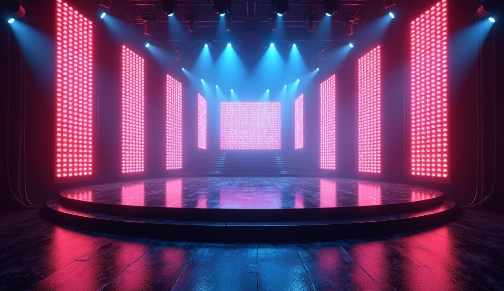 An empty music concert stage indoors, surrounded by towering LED panels and spotlights that create a dramatic, shadow-filled environment. The stage is wide, with a glossy black floor reflecting the colorful lights. The background features a large mixing console and cables leading offstage, giving a behind-the-scenes vibe.