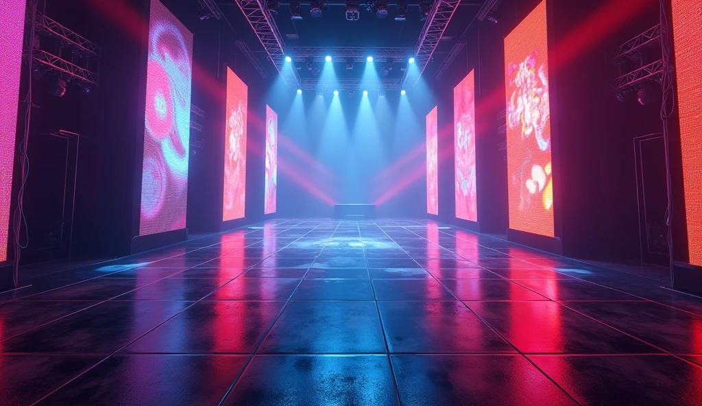 An empty music concert stage indoors, surrounded by towering LED panels and spotlights that create a dramatic, shadow-filled environment. The stage is wide, with a glossy black floor reflecting the colorful lights. The background features a large mixing console and cables leading offstage, giving a behind-the-scenes vibe.