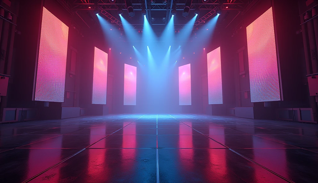 An empty music concert stage indoors, surrounded by towering LED panels and spotlights that create a dramatic, shadow-filled environment. The stage is wide, with a glossy black floor reflecting the colorful lights. The background features a large mixing console and cables leading offstage, giving a behind-the-scenes vibe.
