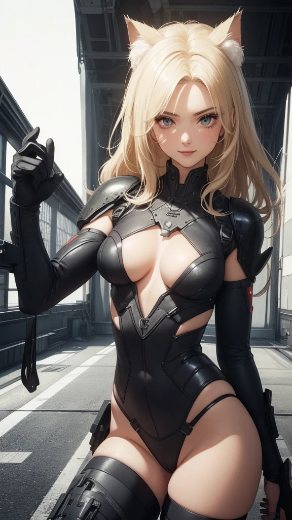 ((highest quality)), ((masterpiece)), (be familiar with), (High definition), 8K, Perfect Face、2Women、Two blonde women with cat ears、((モビルスーツの2cockpitのコックピットでスタンバイ中))、Fearless smile、tall、2 Blonde cat ears、2. Long Hair、2. Volumetric hair style、Large Breasts、Narrow waist、Big Ass、glamorous、Alluring、protector、Armor、combat suit、Combat Boots、Armament、Cinematic、Best Shadow、Side lighting、NEO TOKYO、((cockpit))、(Close-up of face)