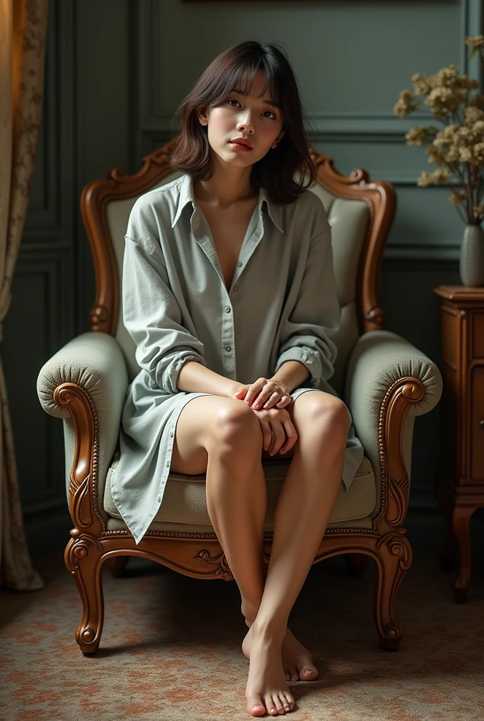 A person sitting that looks real, not a cartoon, on a piece of furniture.