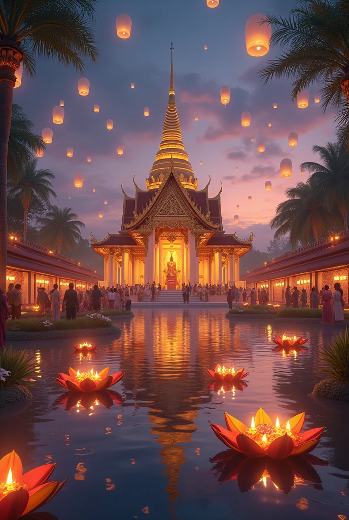 Imagine a vibrant scene capturing the essence of Thailand's beauty:
In the foreground, a majestic Thai temple with intricate golden details and ornate spires stands tall against a twilight sky. Its reflection shimmers in the calm waters of a nearby pond. Around the temple, colorful Loy Krathong floats drift gently on the water, adorned with candles and flowers.
The sky is filled with hundreds of glowing floating lanterns, casting a warm, ethereal light as they rise and blend into the darkening sky. The atmosphere is festive, with people in traditional attire gathered around, some releasing their own krathongs and others gazing up at the floating lanterns. The scene radiates a magical, serene beauty, capturing both the cultural richness and natural splendor of Thailand.