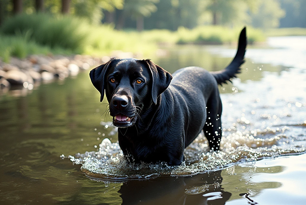 there is a black dog that is standing in the water, dog, at the waterside, black dog, a handsome, in a pond, in the water, a dog, river in front of him, the photo shows a large, bear, labrador, menacing!, playing with the water, emerging from the water, wet fur, handsome, nice face, disney style character